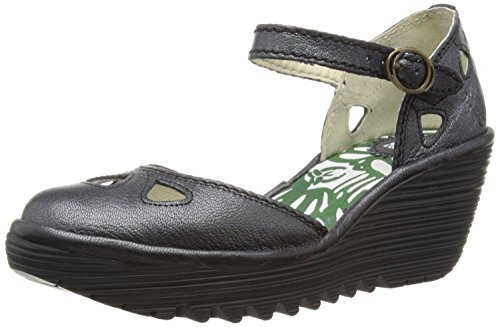 Fly London Yuna Black Womens Leather Wedge Sandals Shoes-3