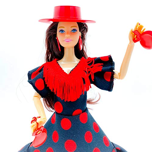 Folk Artesanía Muñeca, Vestido y Accesorios Flamenca andaluza, muñeca Similar Barbie, con Vestido, peineta, Sombrero cordobesa, Pendientes y castañuelas