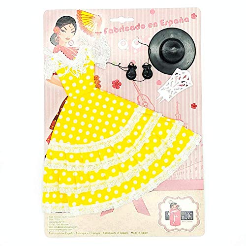 Folk Artesanía Set Vestido, Pendientes, Sombrero, peinetas y castañuelas Flamenca Andaluza para muñeca Barbie de Mattel. Muñeca no incluida (Negro Lunar Rojo)