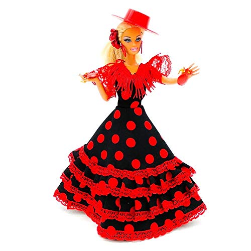 Folk Artesanía Set Vestido, Pendientes, Sombrero, peinetas y castañuelas Flamenca Andaluza para muñeca Barbie de Mattel. Muñeca no incluida (Negro Lunar Rojo)