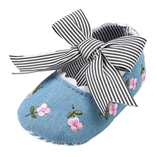 Fossen Bebe Niña Zapatos Recien Nacido Primeros Pasos Bordado Floral Bowknot Antideslizante Suela Blanda Zapatos (0-6 Meses, Azul)