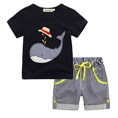 Fossen Niño Camiseta Ballena de Sibujos Animados y Pantalones Cortos a Rayas Conjunto de Ropa Verano (4 años, Negro)