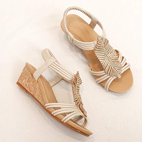 FRTG Sandalias Mujer con Sandalias Wedge Plateau con Elástica en El Tobillo Bajas de Verano Alpargatas de Punta Abierta Zapatos Elegantes para Mujer Cómodos,Beige,38