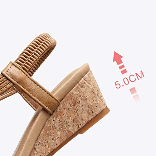 FRTG Sandalias Mujer con Sandalias Wedge Plateau con Elástica en El Tobillo Bajas de Verano Alpargatas de Punta Abierta Zapatos Elegantes para Mujer Cómodos,Beige,38