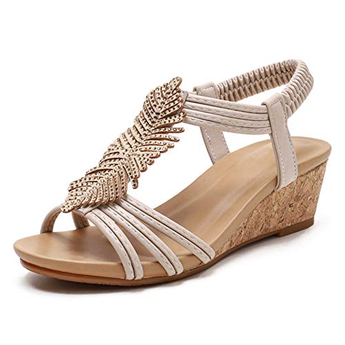 FRTG Sandalias Mujer con Sandalias Wedge Plateau con Elástica en El Tobillo Bajas de Verano Alpargatas de Punta Abierta Zapatos Elegantes para Mujer Cómodos,Beige,38