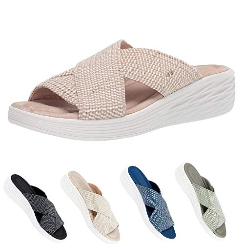 FTIK Sandalias de Deslizamiento ortopédicas Cruzadas elásticas, Moda Suave Casuales Antideslizante Respirable，Sandalias Correctoras，andalias de Playa Informales para Mujeres 42 Beige