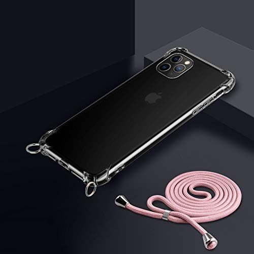 Funda con Cuerda para iPhone 11 Pro MAX, Carcasa Transparente TPU Suave Silicona Case con Correa Colgante Ajustable Collar Correa de Cuello Cadena Cordón para iPhone 11 Pro MAX 6.5'' - Oro Rosa