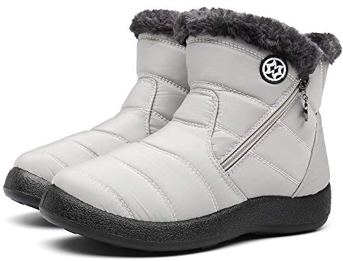 Gaatpot Zapatos Invierno Mujer Botas de Nieve Forradas Zapatillas Botines Planas con Cremallera Beige 42