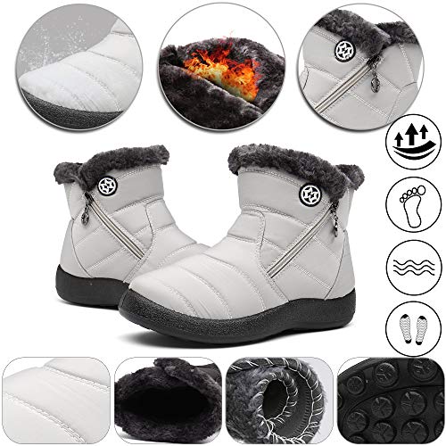 Gaatpot Zapatos Invierno Mujer Botas de Nieve Forradas Zapatillas Botines Planas con Cremallera Beige 42