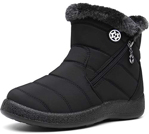 Gaatpot Zapatos Invierno Mujer Botas de Nieve Forradas Zapatillas Botines Planas Con Cremallera Negro 40 EU