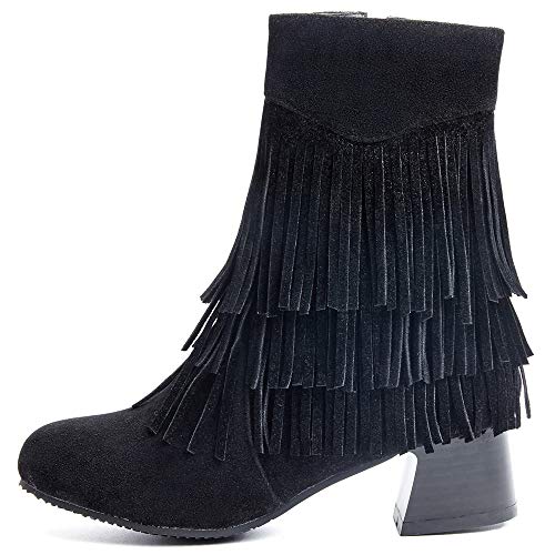 Garggi Flecos Botines Clásica Mujer Tacón Ancho Invierno Boots Cremallera Otoño Mujer Tacón Medio Boots Vintage Tassles Botas Media Pierna Negro Talla 40 Asiática
