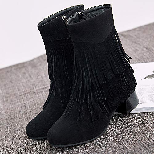 Garggi Flecos Botines Clásica Mujer Tacón Ancho Invierno Boots Cremallera Otoño Mujer Tacón Medio Boots Vintage Tassles Botas Media Pierna Negro Talla 40 Asiática
