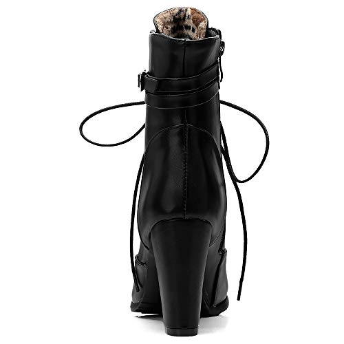 Garggi Mujer Tacón Ancho Boots Encajes Biker Botines Cremallera Hebilla Moda Mujer Tacón Chunky Invierno Boots Puntiagudo Negro Talla 34 Asiática