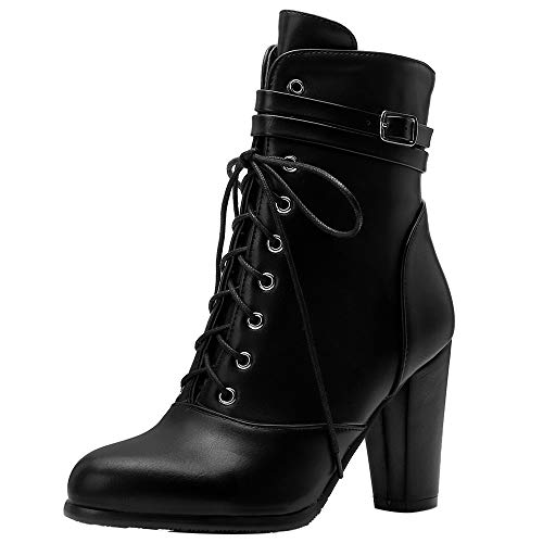 Garggi Mujer Tacón Ancho Boots Encajes Biker Botines Cremallera Hebilla Moda Mujer Tacón Chunky Invierno Boots Puntiagudo Negro Talla 34 Asiática