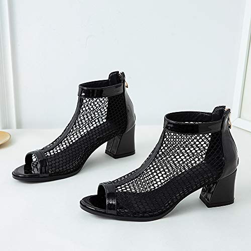 Garggi Mujer Tacón Ancho Botines Peep Toe Moda Otoño Verano Mesh Boots Tacón Medio Mujer Respirable Boda Boots Cremallera Negro/5.5CM Talla 39 Asiática