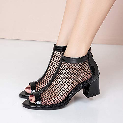 Garggi Mujer Tacón Ancho Botines Peep Toe Moda Otoño Verano Mesh Boots Tacón Medio Mujer Respirable Boda Boots Cremallera Negro/5.5CM Talla 39 Asiática