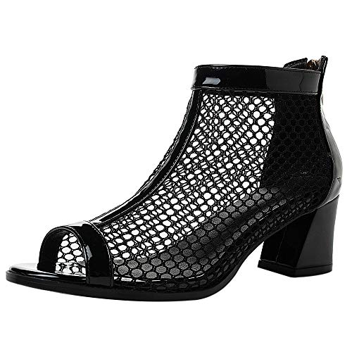 Garggi Mujer Tacón Ancho Botines Peep Toe Moda Otoño Verano Mesh Boots Tacón Medio Mujer Respirable Boda Boots Cremallera Negro/5.5CM Talla 39 Asiática