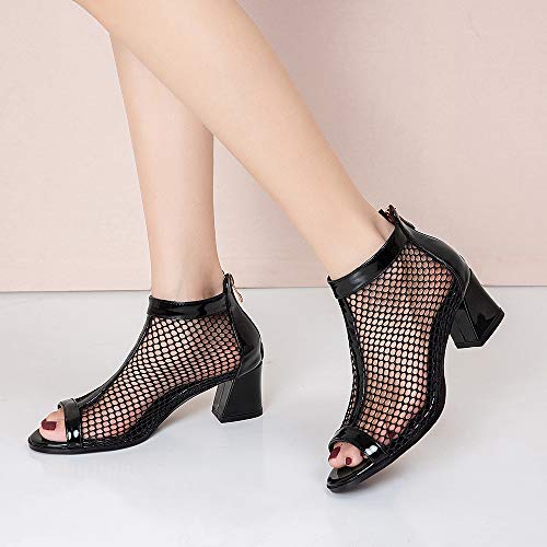 Garggi Mujer Tacón Ancho Botines Peep Toe Moda Otoño Verano Mesh Boots Tacón Medio Mujer Respirable Boda Boots Cremallera Negro/5.5CM Talla 39 Asiática