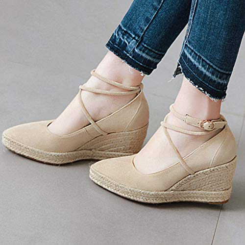 Garggi Plataforma Tacón De Cuña Alpargatas Correa De Tobillo Mujer Puntiagudo Moda Zapatos Tacón Alto Pump Casual Pump Beige Talla 33 EU