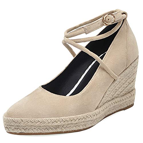 Garggi Plataforma Tacón De Cuña Alpargatas Correa De Tobillo Mujer Puntiagudo Moda Zapatos Tacón Alto Pump Casual Pump Beige Talla 33 EU