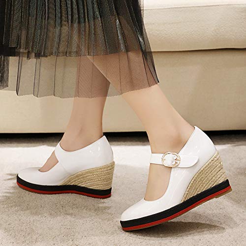 Garggi Tacón De Cuña Plataforma Alpargatas Mujer Correa De Tobillo Closed Toe Pump Hebilla Moda Primavera Verano Casual Heel Zapatos Blanco Talla 37 EU/38 Asiática