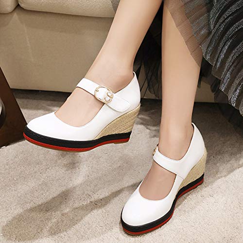 Garggi Tacón De Cuña Plataforma Alpargatas Mujer Correa De Tobillo Closed Toe Pump Hebilla Moda Primavera Verano Casual Heel Zapatos Blanco Talla 37 EU/38 Asiática