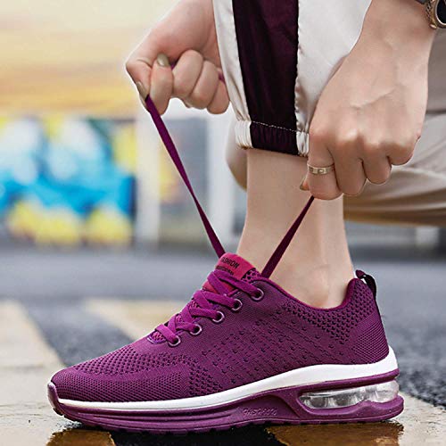 GAXmi Zapatillas Deportivas Mujer Zapatos de Malla Transpirables y Ligeros con Cordones y Cojín de Aire para Running Fitness Morado 39 EU (Etiqueta 41)