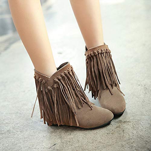 GBZLFH Botines de Mujer, Botines Cortos de Gamuza con Flecos Retro, Forro de Piel sintética con Punta Redonda, Botas de Mujer Planas sin Cordones con Bloque Grueso de PU,Marrón,38