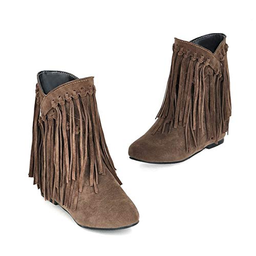 GBZLFH Botines de Mujer, Botines Cortos de Gamuza con Flecos Retro, Forro de Piel sintética con Punta Redonda, Botas de Mujer Planas sin Cordones con Bloque Grueso de PU,Marrón,38