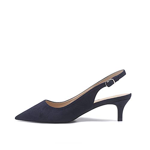 GENSHUO Mujeres Slingback Kitten Heel Pumps Suede Elegante Correa Ajustable Stilettos de tacón bajo en Punta Azul Marino 5CM, NB tamaño 42