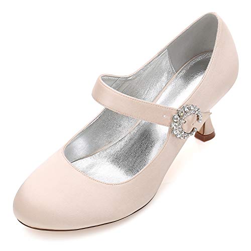 GGBLCS Zapatos De Boda Satén para Mujer Mary Jane Punta Cerrada Hebilla Tacón De Aguja Zapatos De Novia Vestir 17061-26,Champagne,42 EU