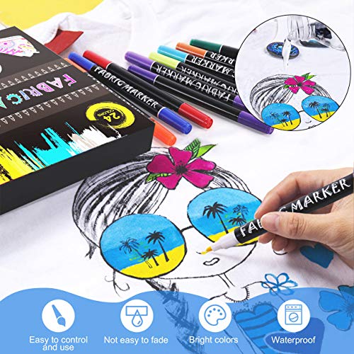 Gifort Rotuladores para Tela Permanentes, 24 Colores Marcadores Textiles Sin Sangrado y No Tóxico para Niños Adultos Regalos Artesanales, Camisetas, Jeans, Zapatos, Bolsos