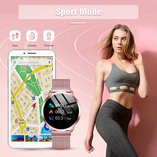 GOKOO Smartwatch Mujer Rosa Reloj Inteligente Fitness Tracker Correa de acero Mujer Pulsómetros Monitor de Sueño Reloj Deportivo Compatible con Android IOS