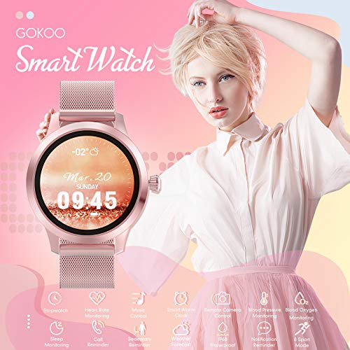 GOKOO Smartwatch Mujer Rosa Reloj Inteligente IP68 Impermeable Rastreador de Fitness Pantalla Táctil Completa Reloj Deportivo Inteligente Pulsómetros Podómetro Calorías Compatible con iOS Android