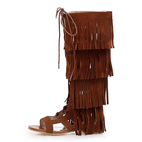 Gracemee Mujer Clasico Gladiador Sandalias Plano Verano Botas Botas De Rodilla Viajar Zapatos Lace Up Franja Yellow Talla 41