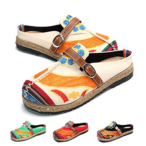 gracosy Alpargatas Zapatos de Mujer Caminando Zapatillas Plano de holgazán Sandalias de Verano de Playa Transpirables Bordados de Flores Coloridas jardín de Ocio al Aire Libre Zapatillas de casa