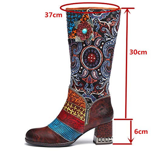 gracosy Botas de Cuero Mujer Otoño e Invierno 2019 Tacon Alto Estilo Bohemio Corte Retro Hecho a Mano Botas de Nieve Patrón de Flores Zapatos Calientes En el Medio Colorido