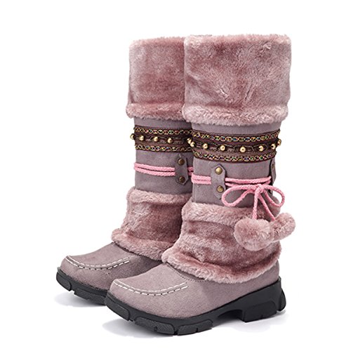 gracosy Botas de Nieve para Mujer Botas Altas Moda de Invierno Cálido Botas Altas de Piel Más Terciopelo Antideslizante Estilo Bohemio Beige Marrón Negro Violeta