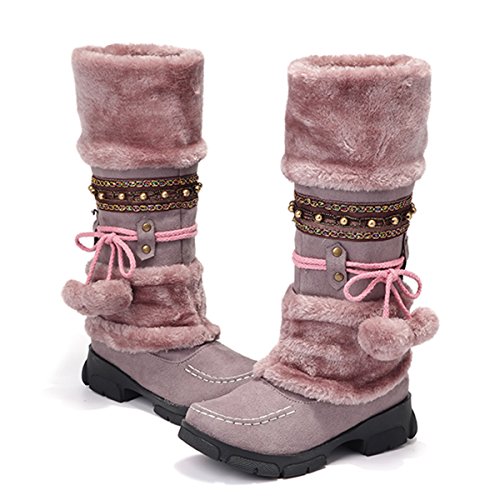 gracosy Botas de Nieve para Mujer Botas Altas Moda de Invierno Cálido Botas Altas de Piel Más Terciopelo Antideslizante Estilo Bohemio Beige Marrón Negro Violeta