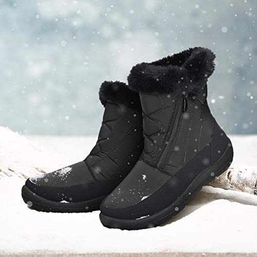 gracosy Botas Nieve Mujer Piel Forrado Tela Sintética Invierno Cálidas Botas Antideslizante Peso Ligero Plano Media Pierna Zapatos