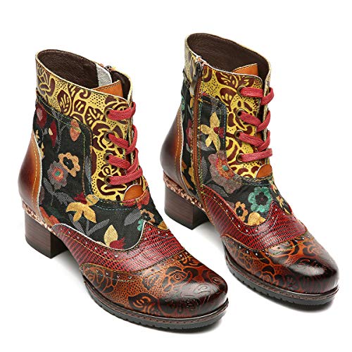 gracosy Botines de Cuero para Mujeres,Otoño e Invierno 2019 Bloque de Pata Flor Original Hecho a Mano Estilo Bohemio Nacional Rico en Color Cómodo Suela Blanda Cremallera
