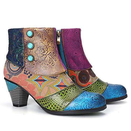 gracosy Botines Mujer Chelsea Botas Cuero Bajo Bloque Tacón Botas Invierno Retro Bohemio Nieve Botas Antideslizante Empalme Estilo Cremallera