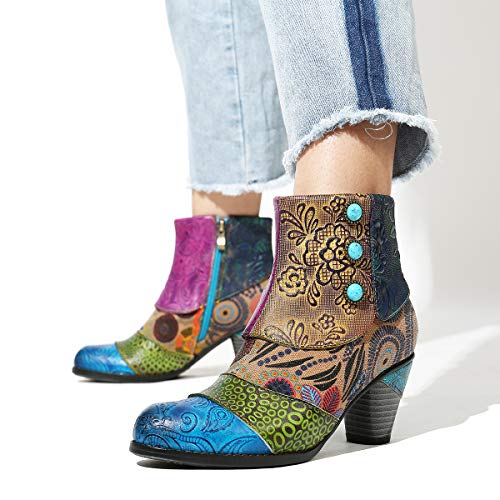 gracosy Botines Mujer Chelsea Botas Cuero Bajo Bloque Tacón Botas Invierno Retro Bohemio Nieve Botas Antideslizante Empalme Estilo Cremallera