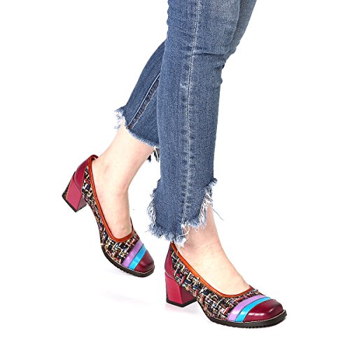 gracosy Cuero Zapatos de Tacón Medio de Mujer, Verano Primavera Fabricados a Mano con un Flores Tamaño 37-42 Rojo Verde Azul Hebilla Diseño Elegante y Moderno Estilo Bohemia