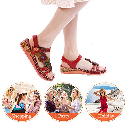 gracosy Sandalias Cuero Planas Verano Mujer Estilo Bohemia Zapatos para Mujer de Dedo Sandalias Talla Grande 37-42 Chanclas Romanas de Mujer Rojo Azul Púrpura Naranja Hecho a Mano Los Zapatos 2020