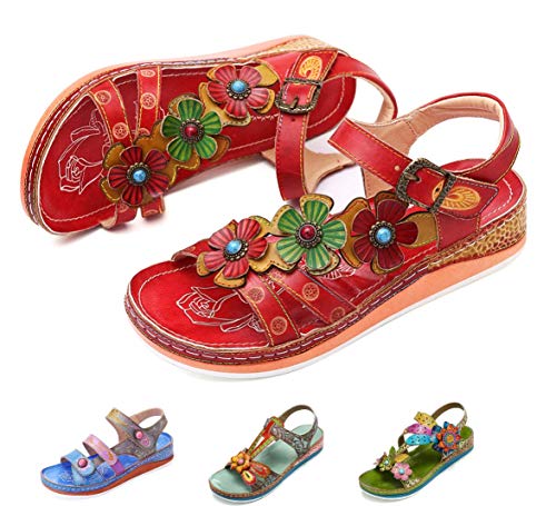 gracosy Sandalias Cuero Planas Verano Mujer Estilo Bohemia Zapatos para Mujer de Dedo Sandalias Talla Grande 37-42 Chanclas Romanas de Mujer Rojo Azul Púrpura Naranja Hecho a Mano Los Zapatos 2020