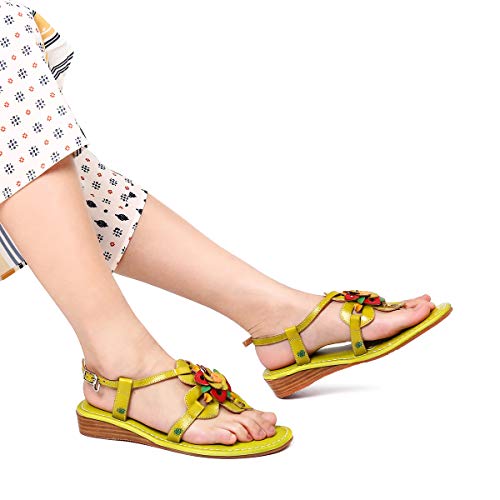 gracosy Sandalias Cuero Verano Mujer Estilo Bohemia Chanclas Zapatos para Mujer de Dedo Sandalias Talla Grande 37-42 Azul Verde Flores Romanas de Hecho a Mano Los Tacones Bajos Zapatos