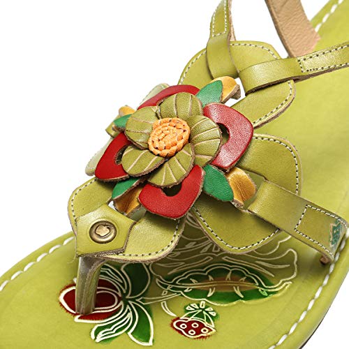 gracosy Sandalias Cuero Verano Mujer Estilo Bohemia Chanclas Zapatos para Mujer de Dedo Sandalias Talla Grande 37-42 Azul Verde Flores Romanas de Hecho a Mano Los Tacones Bajos Zapatos