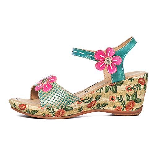 gracosy Sandalias Cuero Verano Mujer Estilo Bohemia Zapatos de Tacón Medio para Mujer de Dedo Cuña Sandalias Talla Grande Chanclas Romanas de Mujer Gris Rojo Azul Hecho a Mano Los Zapatos 2019