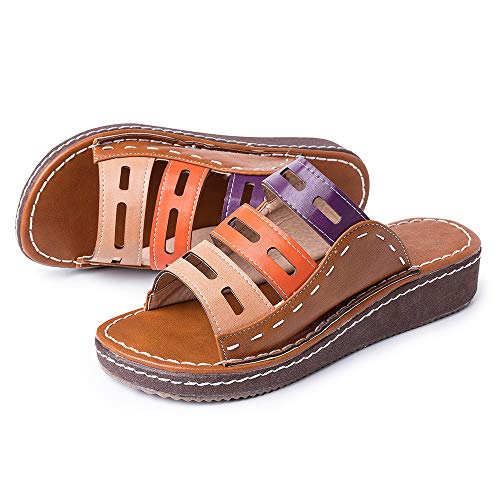 gracosy Sandalias Planas Cuña Mujer Verano 2020 Zapatos Piel Chanclas Zapatillas Casual Cómodas Open Toe Caminar Fiesta de Playa al Aire Libre Transpirable Antideslizante Mula BLU Blanco 36-43